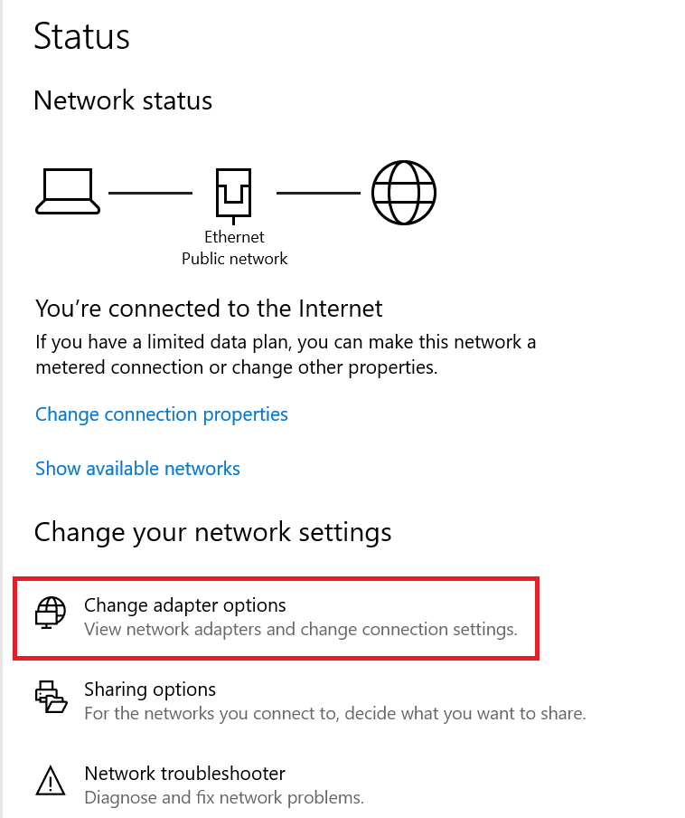 windows network status change adapter options