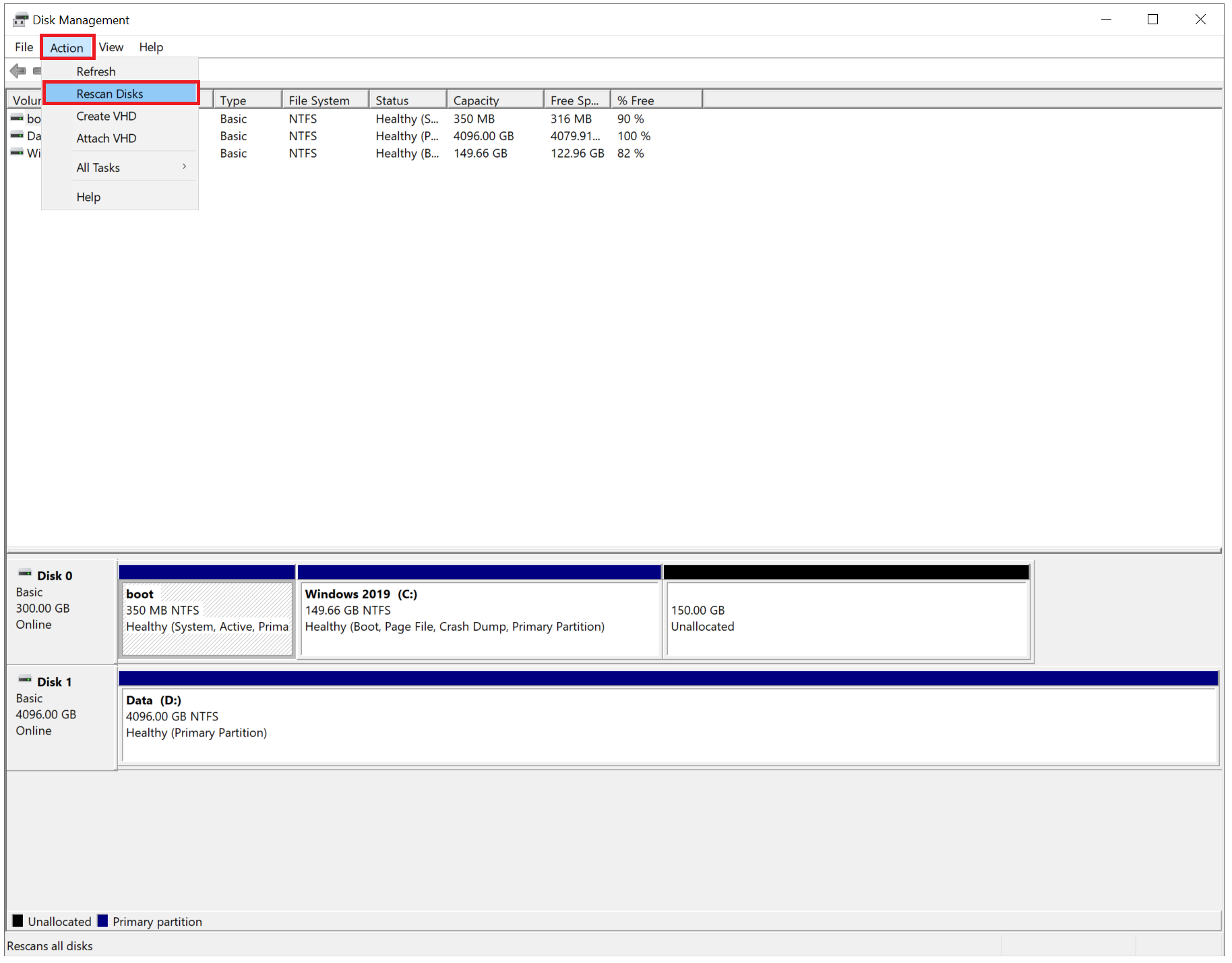 windows server disk management rescan disks