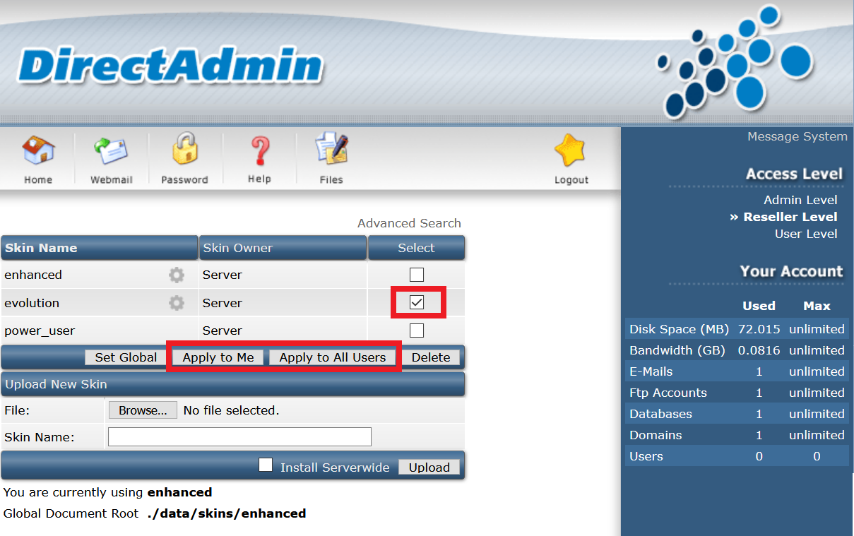 directadmin skin manager evolution apply to all users