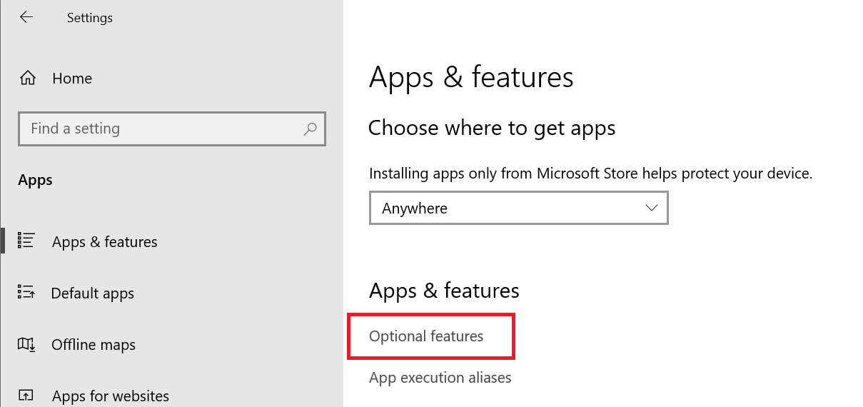 settings apps optional features in windows 10