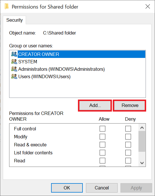 windows explorer folder permissions add or remove user