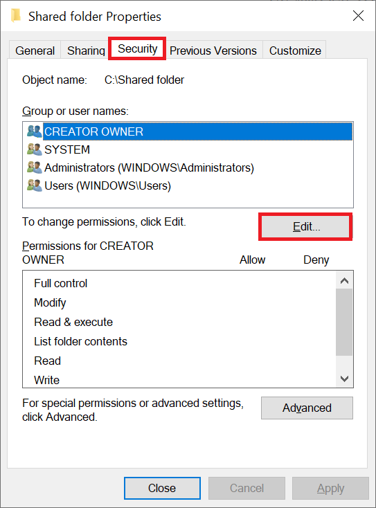 windows explorer folder properties security tab